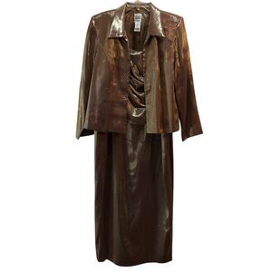 VTG R&M Richards Karen Kwong Size 14P Brown Metallic 2 Piece Jacket Dress 14 P